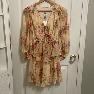 Ted Baker London Floral Long Sleeve Dress - Cream and Pink